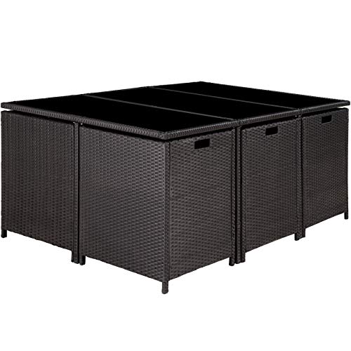 TecTake Conjunto muebles de jardín en ratán sintético | 1 Mesa + 6 Sillones + 4 Taburetes | Cubierta antilluvia | Tornillos de acero inoxidable | disponible en diferentes colores (Negro | no. 402828)