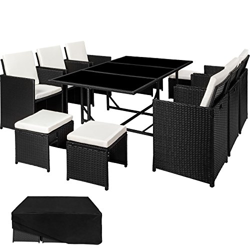 TecTake Conjunto muebles de jardín en ratán sintético | 1 Mesa + 6 Sillones + 4 Taburetes | Cubierta antilluvia | Tornillos de acero inoxidable | disponible en diferentes colores (Negro | no. 402828)