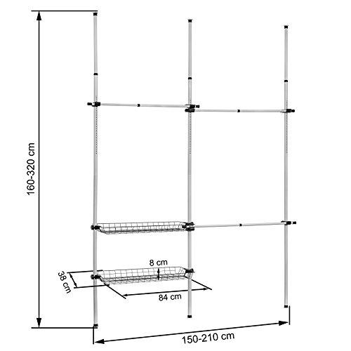 TecTake Sistema de perchero extensible con 3 barras longitudinales variables y 2 cestas de almacenamiento | Ancho: 150-210 cm | Alto: 160-320 cm | Fondo: 38 cm