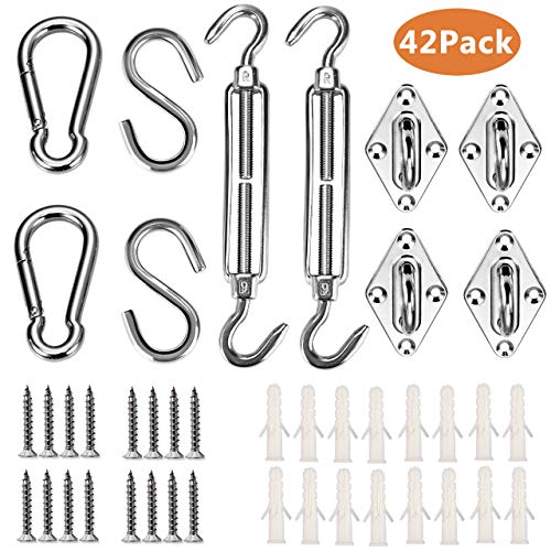 TedGem Kit de Montaje para Toldo, toldo fijación accesorios 42Pcs 304 Acero Inoxidable Kit (ojales de almohadill, mosquetón, hebillas, S forma gancho, tornillos, Pernos) para Montaje para Toldo