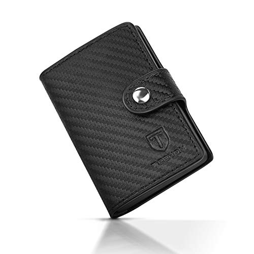 TEEHON Carteras Hombre, Tarjetero Hombre, Cartera RFID Tarjeta, Cuero Fibra de Carbono Cartera Hombre con 1 Caja de Tarjeta de Metal de Cartera Empuje Manual, 3 Ranuras para Tarjetas y Billetes -Negro