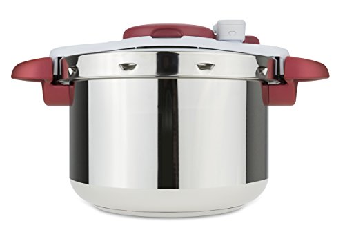 Tefal Clipso Minut Perfect - Olla a Presión de 7.5L de Acero Inoxidable Roja con 5 sistemas de seguridad y cierre fácil con una sola mano con cestillo Vapor Integrado, diámetro de 24 cm