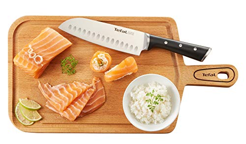 Tefal Ingenio Ice Cuchillo santoku, acero cepillado, cuchillo de una sola pieza, mango remachado, negro, 18 cm