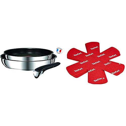 Tefal Ingenio Preference Juego De 2 Sartenes con Mango Extraíble + Pack de 4 Protectores de ollas y sarténes, Tela, Rojo, 38x36x0.15 cm