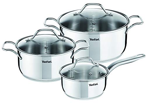 Tefal Intuition A702S685 Set 3 piezas incluye 1 cazo 16 cm y tapa 1 cacerola 20 cm con tapa 1 cacerola de 24 cm y tapa, batería de acero inoxidable, bordes vertedores aptas para horno tapas de cristal