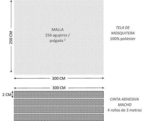 Tela de mosquitera blanca de 3 metros x 2,50 metros. Incluye 4 cintas adhesivas macho de 3 metros x 2 cm de color blanco. Tela de mosquitera para ventanas, puertas, terrazas, caravanas