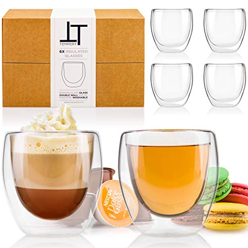 Tempery✮ Taza Capuchino/Latte/Tazas Cafe Doble Pared Premium - 250ml - Juego 6 Tazas De Café Doble Pared de Vidrio - Taza de Té Original Cualquier Ocasión