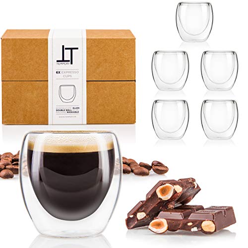 Tempery✮ Tazas Cafe Doble Pared/Vasos Térmicos Cafe Premium Espresso - 8 cl - Juego 6 Taza de Cafe - Taza Vidrio de Café Original & Transparente Cualquier Ocasión