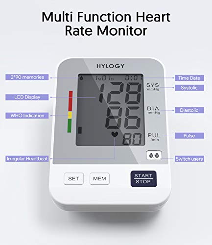 Tensiómetro de Brazo, HYLOGY Tensiómetro de Brazo Digital, 2 Memorias de Usuario(2 * 90), Escala de Colores de Semáforo de la OMS, Validado Clínicamente (Blanco)