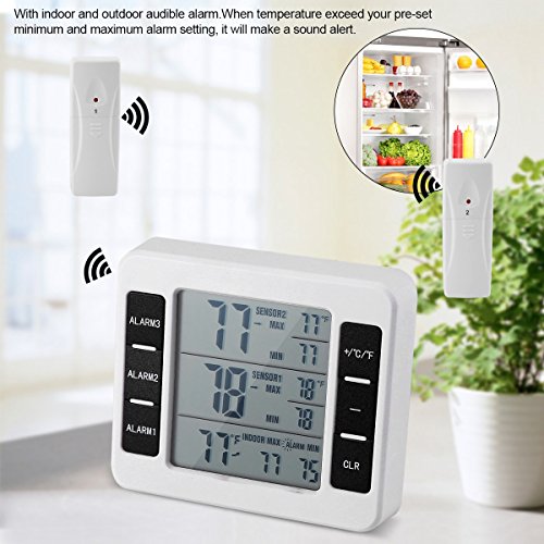 Termómetro digital para refrigerador, alarma audible digital inalámbrica para frigorífico, congelador, termómetro con sensor de 2 piezas de pantalla mín/máx.