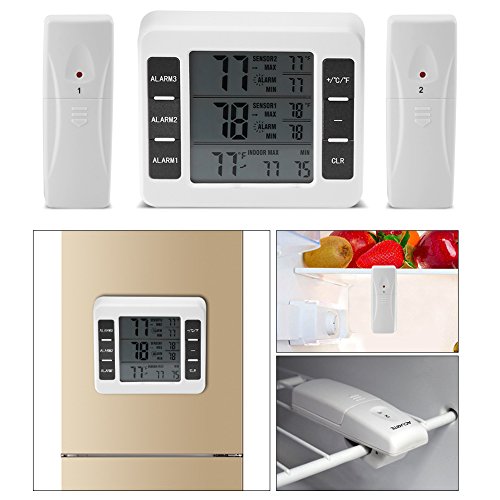 Termómetro digital para refrigerador, alarma audible digital inalámbrica para frigorífico, congelador, termómetro con sensor de 2 piezas de pantalla mín/máx.