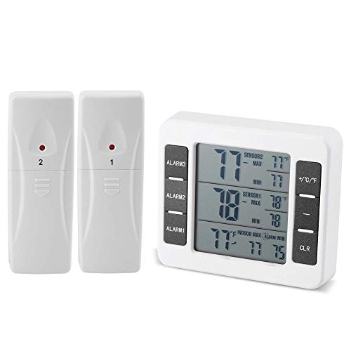 Termómetro digital para refrigerador, alarma audible digital inalámbrica para frigorífico, congelador, termómetro con sensor de 2 piezas de pantalla mín/máx.