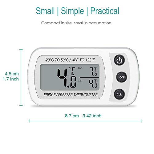 Termómetro digital para refrigerador, Termómetro para congelador a prueba de agua con gancho, Pantalla LCD fácil de leer, Función de registro máximo/mínimo, Ideal para el hogar, restaurantes, cafés