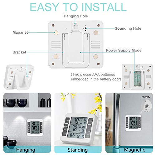 Termómetro inalámbrico para nevera con 2 sensores inalámbricos con alarma audible para interiores y exteriores, con pantalla LCD fácil de leer (batería no incluida)