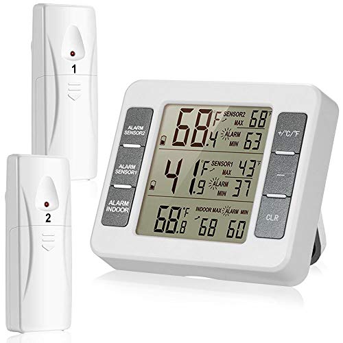 Termómetro inalámbrico para nevera con 2 sensores inalámbricos con alarma audible para interiores y exteriores, con pantalla LCD fácil de leer (batería no incluida)