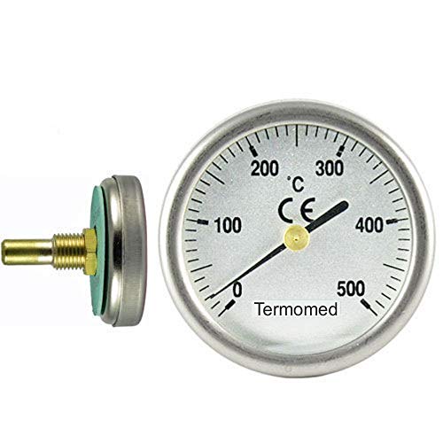 Termómetro para Puertas de Horno de leña, Escala de 0 a 500ºC, diámetro de la Esfera 35 mm. Vaina de 30 mm.