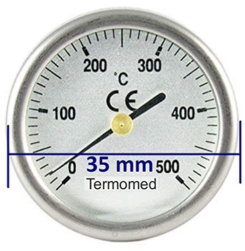 Termómetro para Puertas de Horno de leña, Escala de 0 a 500ºC, diámetro de la Esfera 35 mm. Vaina de 30 mm.