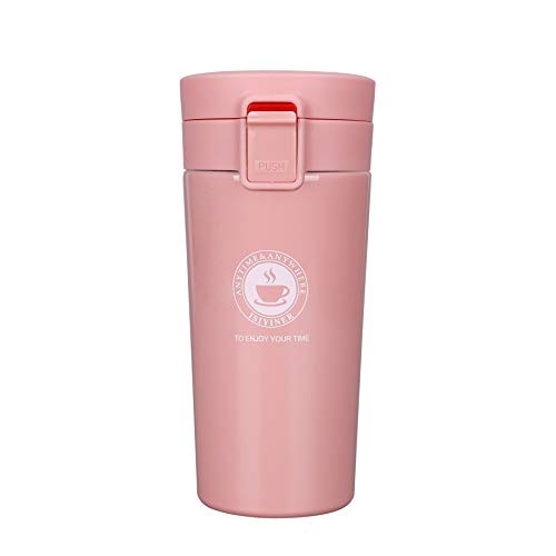 Termo,Termo de Café para Llevar de Acero Inoxidable Vaso Termico Prueba de Fugas Taza de Café Térmica Sin BPA para Coche Oficina Viaje 380ML Rosado