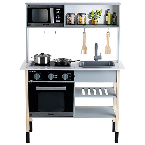 Theo Klein 7199 Cocina Miele, Cocina blanca de madera que,incluye placa de cocción,Elegantes accesorios de cocina de acero inoxidable y madera, a partir de 3 años, 70 cm x 30 cm x 91 cm