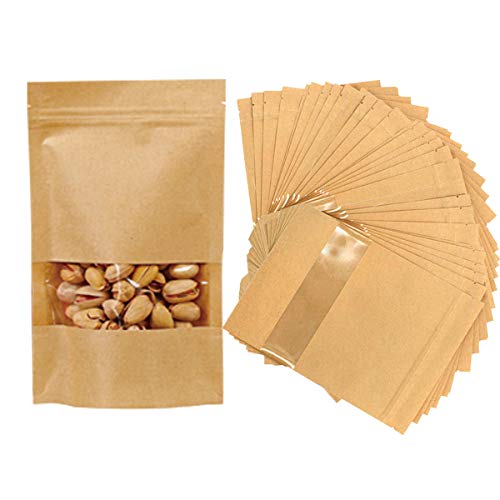 TheStriven 100pcs Bolsas de Papel con Ventana Pequeña Bolsas de Papel de Papel Kraft con Base Bolsas de Papel Kraft biodegradables Bolsa de Comida de pie para Guardar o Llevar Fruta Dulces Galleta