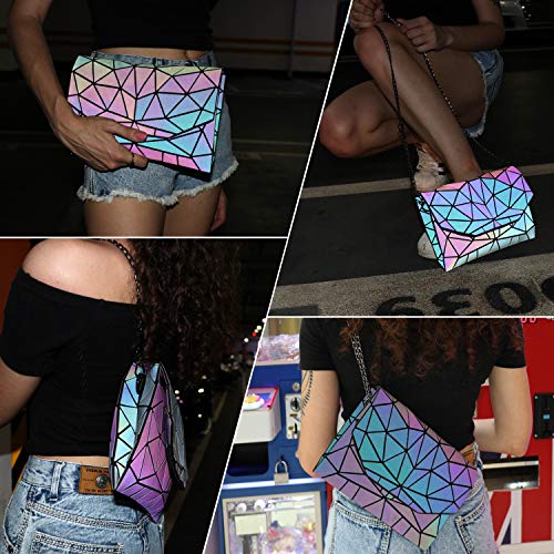 Tikea Bolsa Geométrica Luminosa Holográfica para Mujer, Bolso Busta con Correa de Cadena de Moda en Cuero Sintético, Clutch Efecto Reflectante