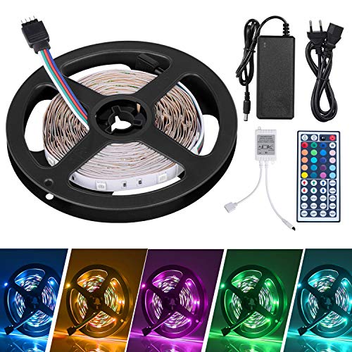 Tiras LED, Adoric Luces LED RGB 5050 con Control Remoto de 44 Botones y Caja de Control 300 Tira LED 20 Colores 8 Modos de Brillo y 6 opciones DIY para la Habitación, Techo, 12V (One pack)