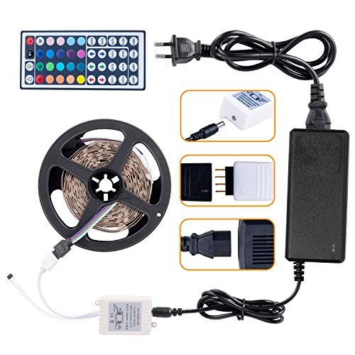 Tiras LED, Adoric Luces LED RGB 5050 con Control Remoto de 44 Botones y Caja de Control 300 Tira LED 20 Colores 8 Modos de Brillo y 6 opciones DIY para la Habitación, Techo, 12V (One pack)