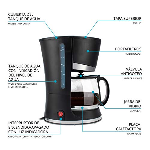 TM Electron Electron TMPCF006 Cafetera Eléctrica de Goteo, 800W de Potencía, Jarra de 1,2L para 10 Tazas Y Filtro Extraíble