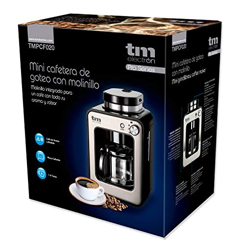 TM Electron TMPCF020S Mini cafetera de Goteo con Molinillo Grano, 4 Tazas, 600W y Filtro Lavable Compatible con café molido, 600 W, 6 Cups, Acero Inoxidable, Plata