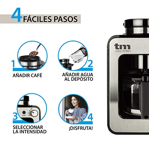 TM Electron TMPCF020S Mini cafetera de Goteo con Molinillo Grano, 4 Tazas, 600W y Filtro Lavable Compatible con café molido, 600 W, 6 Cups, Acero Inoxidable, Plata