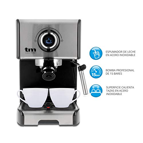 TM Electron TMPCF101 cafetera Espresso Manual con 15 Bares de presión, 1200W, depósito 1,2 L, espumador de Leche, 3 Funciones, Fabricado en Acero Inoxidable, 1 Cups