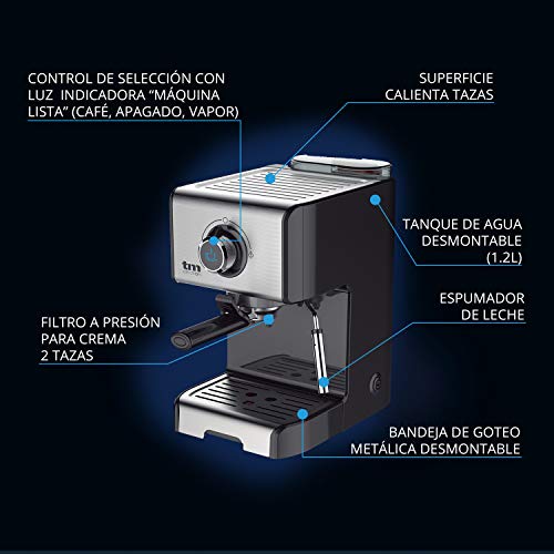 TM Electron TMPCF101 cafetera Espresso Manual con 15 Bares de presión, 1200W, depósito 1,2 L, espumador de Leche, 3 Funciones, Fabricado en Acero Inoxidable, 1 Cups