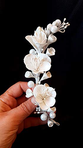 Tocado novia Adorno Flores Blancas para el Pelo Flores de Porcelana fria hecho a mano, Pieza única