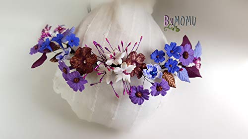 Tocado novia Adorno Flores lilas para el Pelo Flores de Porcelana fria hecho a mano, Pieza única