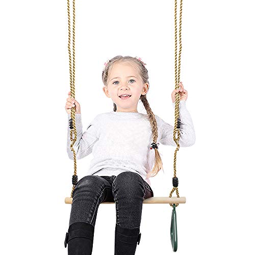 Todeco - Columpio Trapecio de Madera, Columpios con Anillos de Gimnasia - Material: Plástico (PP, PE) - Rango de Edad: Niños de 3 a 12 años de Edad - Verde, 200 cm, Mosquetón y Correa