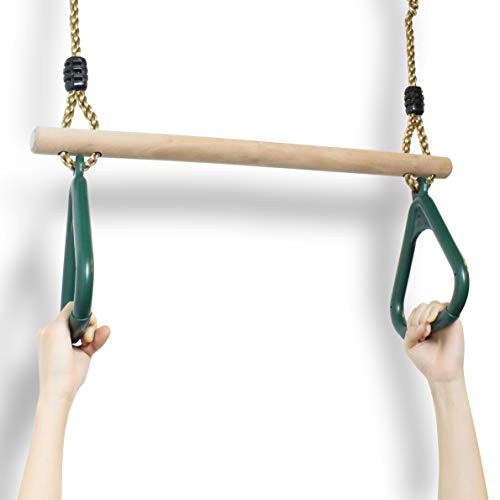 Todeco - Columpio Trapecio de Madera, Columpios con Anillos de Gimnasia - Material: Plástico (PP, PE) - Rango de Edad: Niños de 3 a 12 años de Edad - Verde, 200 cm, Mosquetón y Correa