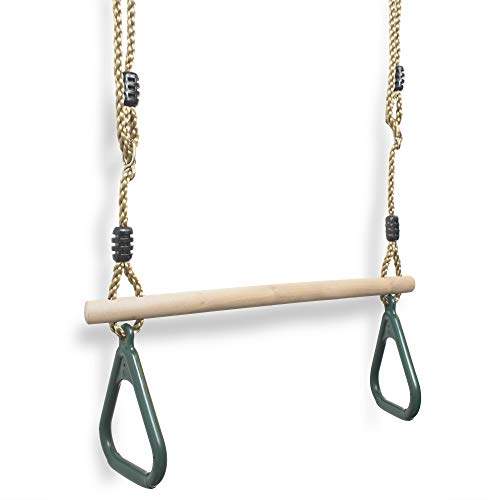 Todeco - Columpio Trapecio de Madera, Columpios con Anillos de Gimnasia - Material: Plástico (PP, PE) - Rango de Edad: Niños de 3 a 12 años de Edad - Verde, 200 cm, Mosquetón y Correa