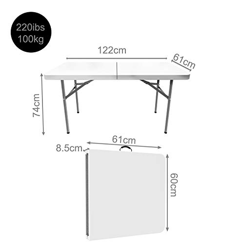 Todeco - Mesa de Plástico Resistente, Mesa Plegable Portátil, 124 x 61 cm, Blanco, Plegable por la Mitad, Material: HDPE, Carga máxima: 100 kg