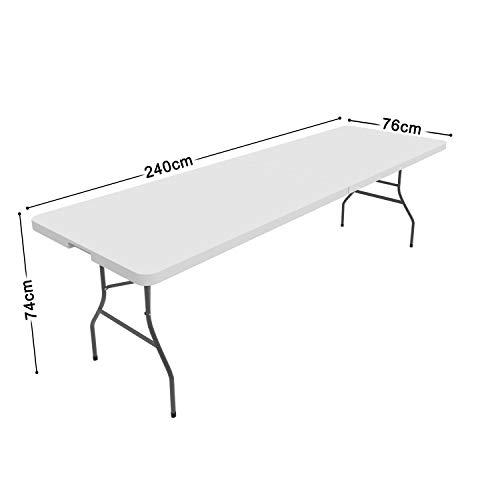 Todeco - Mesa de Plástico Resistente, Mesa Plegable Portátil, 240 x 75.5 cm, Blanco, Plegable por la Mitad, Material: HDPE, Carga máxima: 100 kg