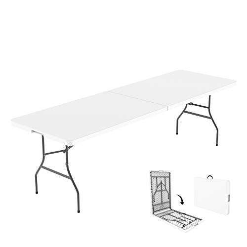 Todeco - Mesa de Plástico Resistente, Mesa Plegable Portátil, 240 x 75.5 cm, Blanco, Plegable por la Mitad, Material: HDPE, Carga máxima: 100 kg