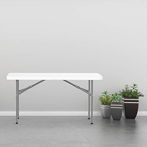 Todeco - Mesa Plegable Portátil, Mesa de Plástico Resistente - Material: HDPE - Carga máxima: 100 kg - 122 x 61 cm, Blanco, Plegable por la Mitad