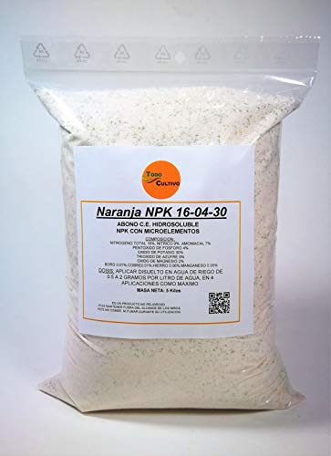 TODOCULTIVO Naranja abono para riego NPK 16-04-30. 5 KG. Abono CRISTALINO MICRONUTRIENTES HIDROSOLUBLE para RIEGO. Especial MADURACION Y ENGORDE del Fruto