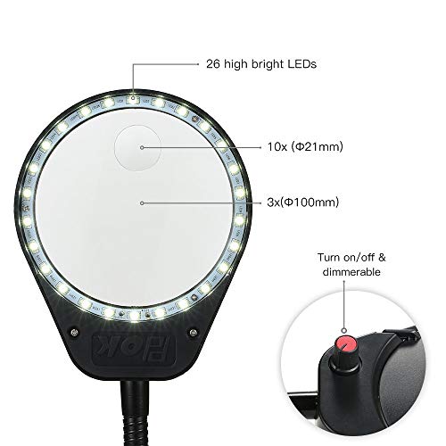 Tomshine Lupa con Luz, Lupa Iluminadora LED con Clip de la Abrazadera (3 x/10 x), Carga del USB, Brillo Ajustable Perfecto para Lectura, Impresión, Tallando