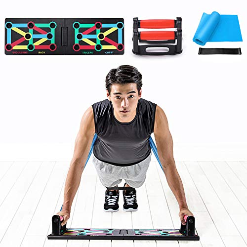 TOMSHOO 12-en-1 Push Up Board, Tablero Plegable Multifuncional con Código de Color, Mango, Banda Elástica para Ejercicios en el Hogar