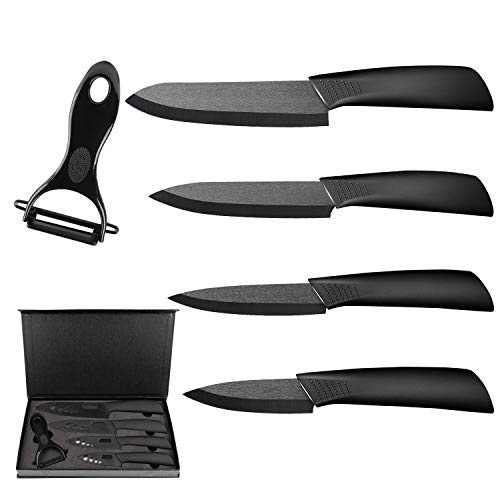 TonStyle Cuchillos de Cerámica Set, 4 Piezas Cuchillos de Cocina de Cerámica y 1 Pelador Cerámica para Carne de Verduras Fruta - Negro