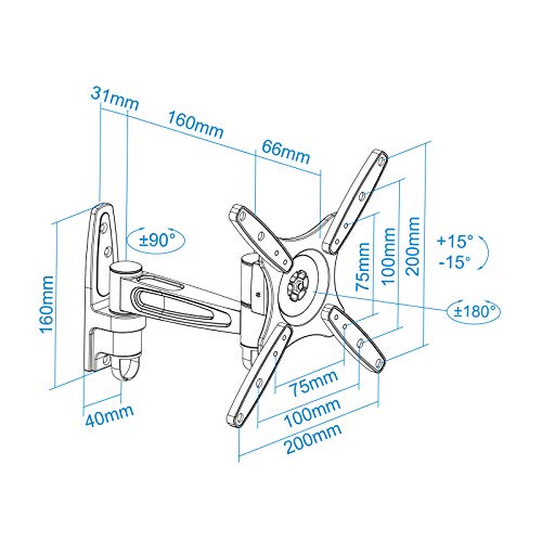 TooQ LP1832TN-S - Soporte inclinable y giratorio de pared para monitor/TV/LED/LCD de 10" a 32", hasta 20kg de peso, distancia a la pared 97mm hasta 257mm, inclinación hasta -15º, giro hasta 180º formato VESA hasta 200x200, color plata