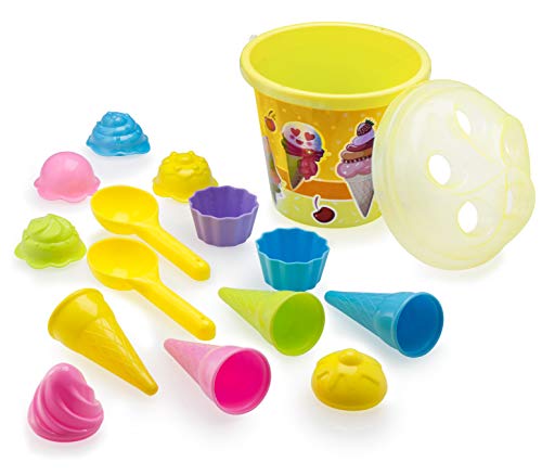 Top Race Beach Set de moldes para helados y pasteles, juego de 14 piezas con cubo grande de helado de 9 pulgadas, amarillo o azul (amarillo)