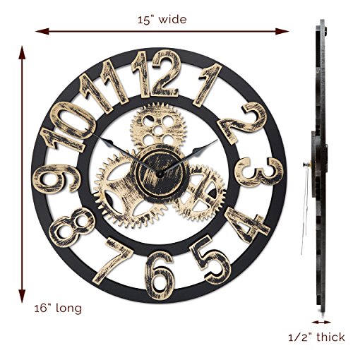 Top Race Reloj de pared redondo de 16 pulgadas, diseño de engranajes antiguos de madera hechos a mano en 3D de la vendimia, por Chevy K. (oro con números)