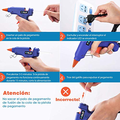 TOPELEK Mini Pistola de Silicona Caliente con 50 PSC Barras Pegamento Alta Temperatura, Kit Pistolas Encolar para Manualidades Artesanía de Bricolaje Reparaciones Rápidas (20 Vatios, Azul)