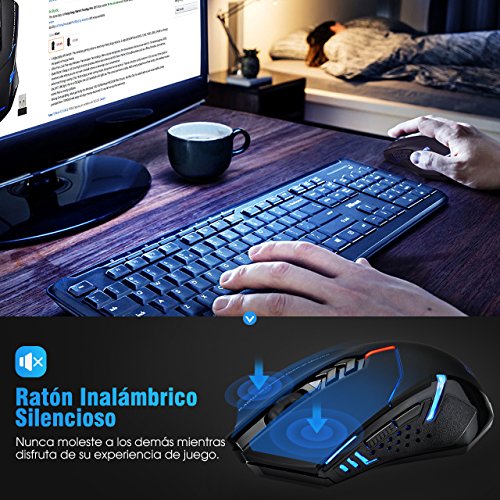 TOPELEK Ratón Gaming Inalámbrico Clic Silencioso 7 Botones USB portátil PC 2.4G óptico inalámbrico 2400 DPI 5 Niveles de ajuste con receptor nano para Windows Mac MacBook Linux-Ultra Ahorro de Energía